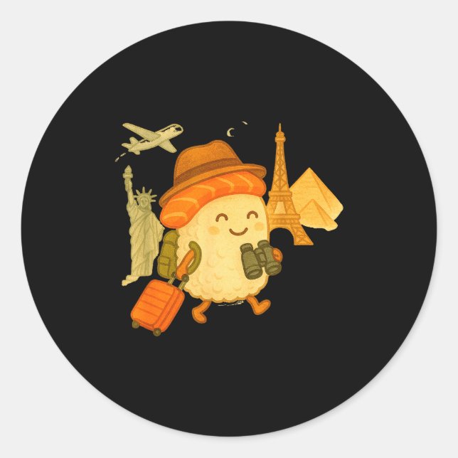 Adesivo Redondo Sushi Salmon Roll Loves To Travel  (Frente)
