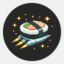 Adesivo Redondo Sushi Spaceship Pixel Art Voando Sushi Roll Design