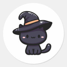 Adesivo Redondo Süße Schwarze Katze mit Hexenhut