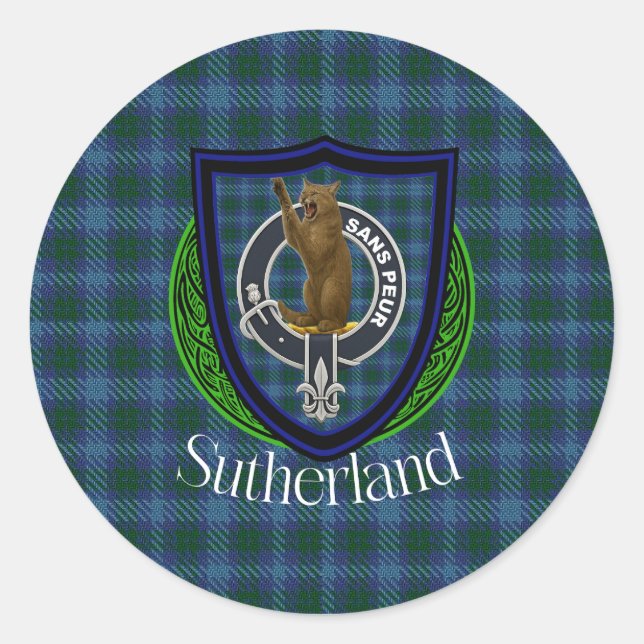 Adesivo Redondo Sutherland Scottish Clan Tartan & Crest (Frente)