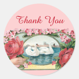 Adesivo Redondo Swans e Rosas Vintage Art Obrigado Stickers