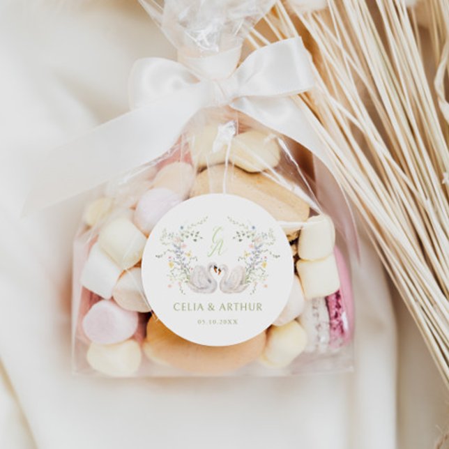 Adesivo Redondo Swans Floral Monogram Crest Wedding  (Criador carregado)