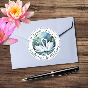 Adesivo Redondo Swans In Love Watercolor Lotus Lake Wedding