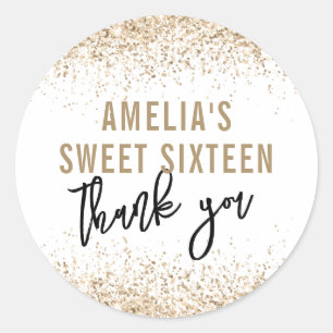Adesivo Redondo Sweet 16 Party Favor Sticker Dourado Glitter Sweet