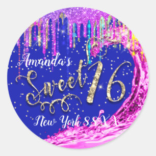 Adesivo Redondo Sweet 16 Party Pink Waves Confetti Royal Blue