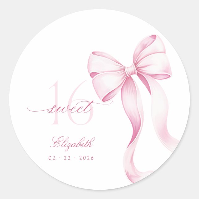 Adesivo Redondo Sweet 16 Pink Bow Stickers (Frente)