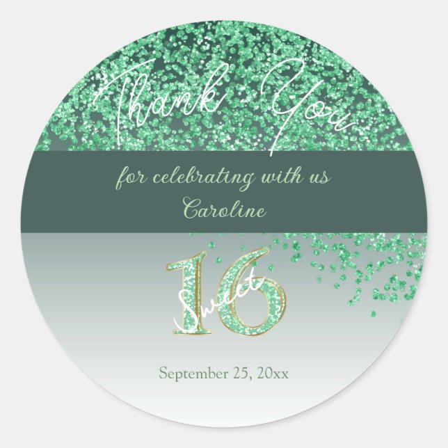 Adesivo Redondo Sweet 16 Thank You Falling Green Glitter (Frente)