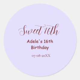 Adesivo Redondo Sweet 16th birthday purple pastel mauve retro name