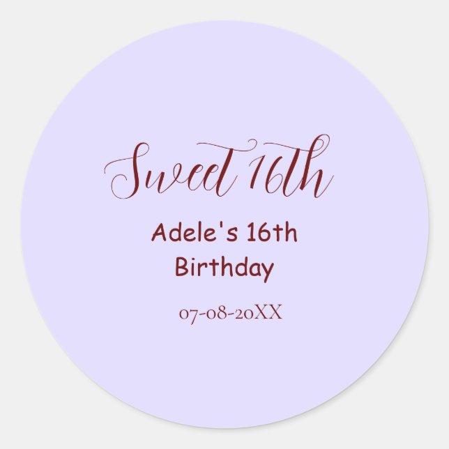 Adesivo Redondo Sweet 16th birthday purple pastel mauve retro name (Frente)