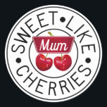 Adesivo Redondo SWEET LIKE CHERRIES MUM Retro Vintage Stamp Custom<br><div class="desc">Smart classic vintage creation incorporating digitally painted cherry motif and black line ‘Sweet Like Cherries’ typography stamp. The motif is overlaid with a cherry red label to customise 'Mum' with the affectionate name you use for your lovely mum or mother figure to make her feel special. The font and colour...</div>