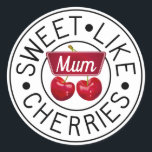 Adesivo Redondo SWEET LIKE CHERRIES MUM Retro Vintage Stamp Custom<br><div class="desc">Smart classic vintage creation incorporating digitally painted cherry motif and black line ‘Sweet Like Cherries’ typography stamp. The motif is overlaid with a cherry red label to customise 'Mum' with the affectionate name you use for your lovely mum or mother figure to make her feel special. The font and colour...</div>