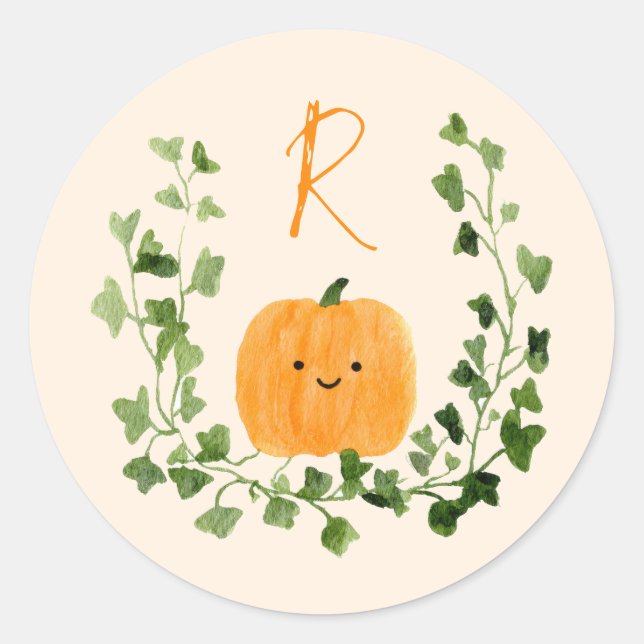 Adesivo Redondo Sweet Little Pumpkin Cute Monogram Baby Shower (Frente)
