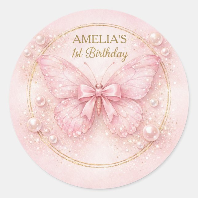 Adesivo Redondo Sweet One Pink Butterfly 1st Birthday Girl Sticker (Frente)