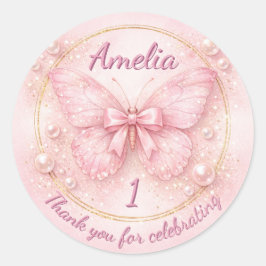 Adesivo Redondo Sweet One Pink Butterfly 1st Birthday Thank You