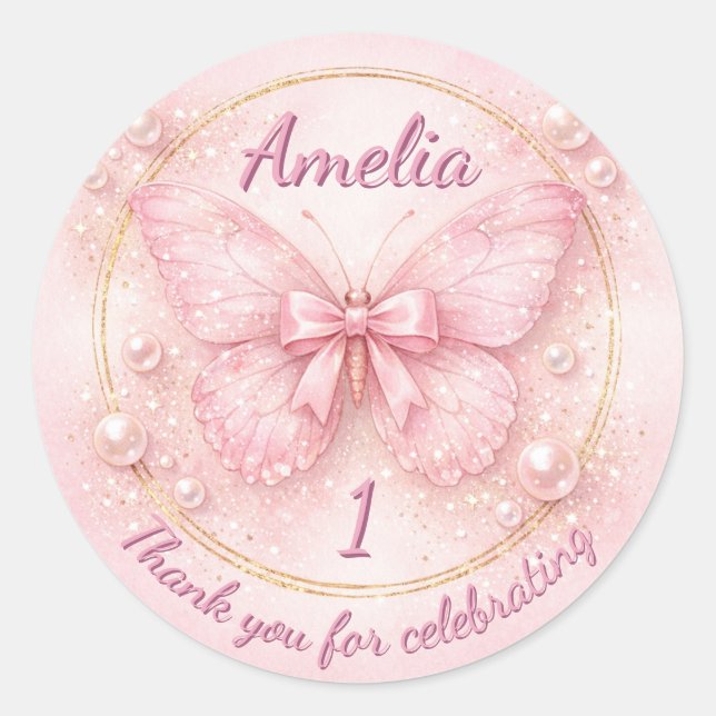 Adesivo Redondo Sweet One Pink Butterfly 1st Birthday Thank You (Frente)