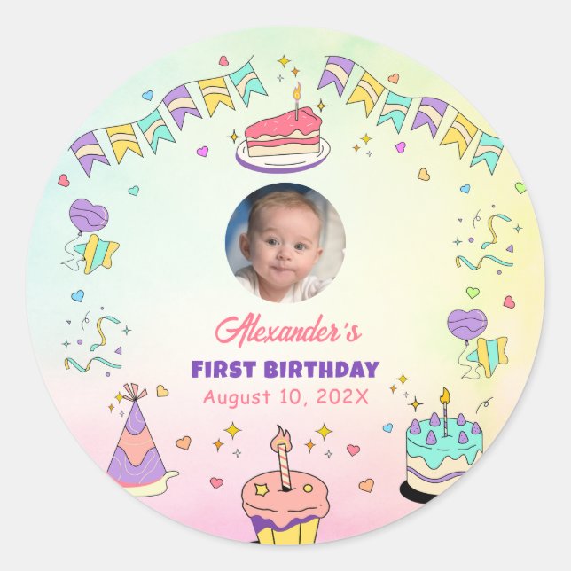 Adesivo Redondo Sweet Pastel Baby Boy 1st Birthday Photo (Frente)