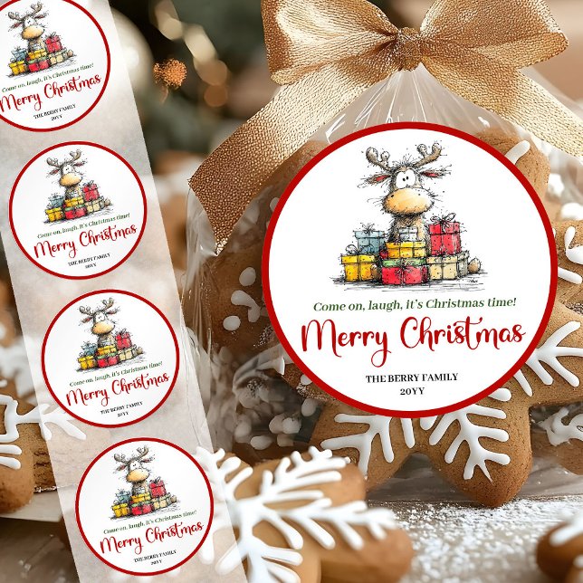 Adesivo Redondo Sweet quirky reindeer fun holiday sticker label (Sweet quirky reindeer fun holiday sticker label)