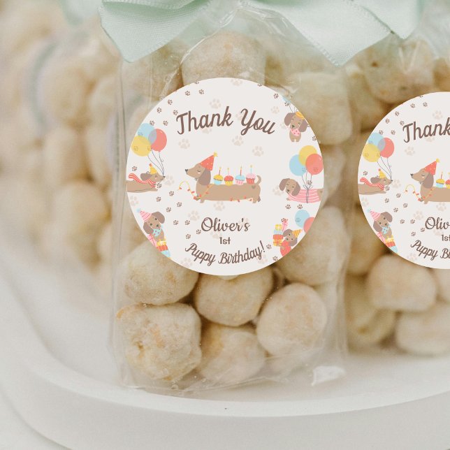 Adesivo Redondo Sweet Sausage Puppy Birthday Party Thank You (Criador carregado)