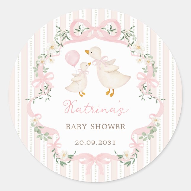 Adesivo Redondo Sweet Silly Goose Pink Bow Floral Baby Shower (Frente)