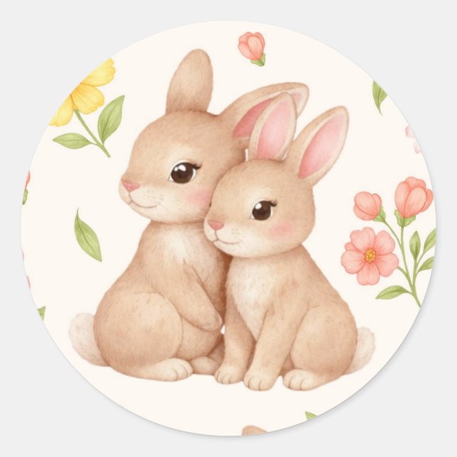 Adesivo Redondo Sweet Spring Bunnies & Floral Garden Pattern (Frente)