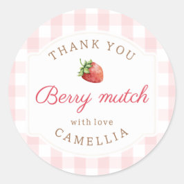 Adesivo Redondo Sweet Strawberry Pink Gingham Obrigado