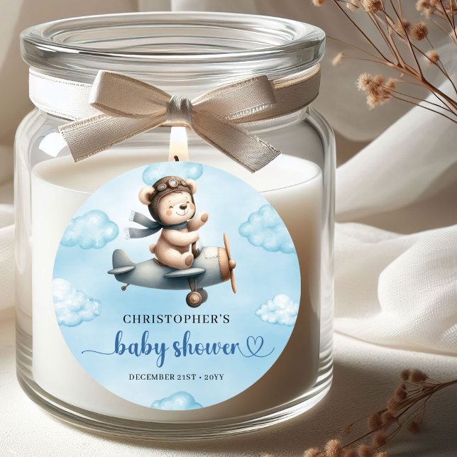 Adesivo Redondo Sweet Teddy Bear Pilot Blue Brown Boy Baby Shower  (Sweet Teddy Bear Pilot Blue Brown Boy Baby Shower Sticker)