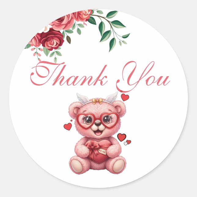 Adesivo Redondo Sweet Teddy Bear Pink Baby Shower Thank You (Frente)