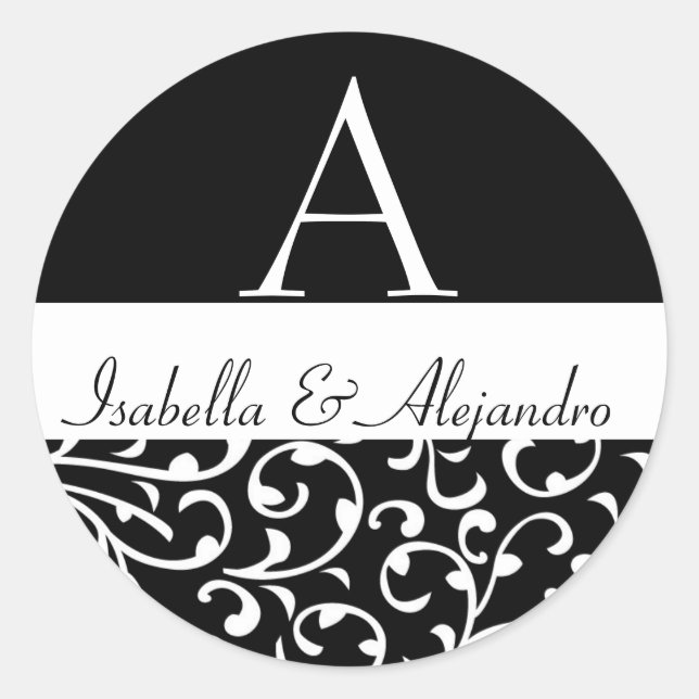 Adesivo Redondo Swirl Damask Monogramas Nomes de Casamento Etiquet (Frente)
