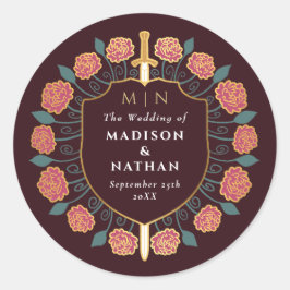 Adesivo Redondo Sword & Shield Medieval Fantasy Casamento Monogram