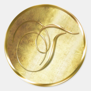 Adesivo Redondo T Monograma Faux Vinhetas Douradas