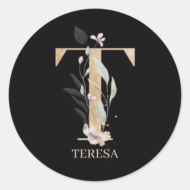 Adesivo Redondo T Monograma Floral Personalizado (Frente)