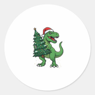 Adesivo Redondo T-Rex de Natal Carregando Árvore de Natal