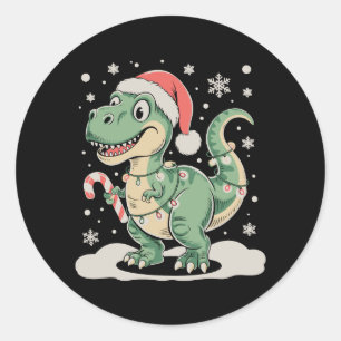 Adesivo Redondo T Rex Dinossauro de Natal Xmas Chapéu de Papai Noe