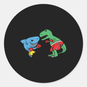 Adesivo Redondo T-Rex Dinossauro Socando Tubarão Boxe Divertido