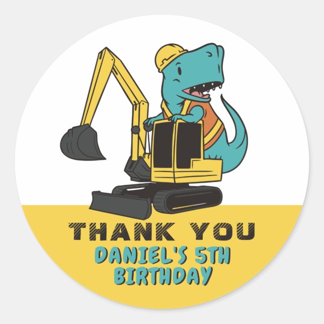 Adesivo Redondo T-Rex E Parte Aniversário de criança Da Escavadora (Frente)