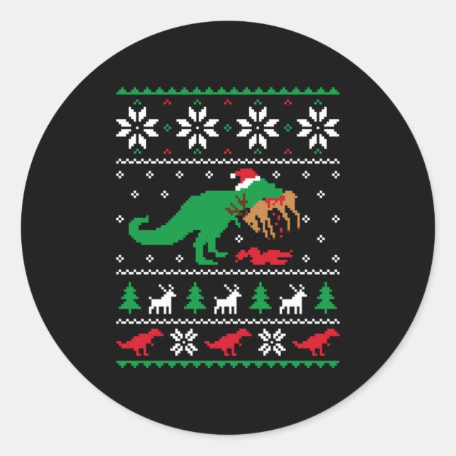 Adesivo Redondo T Rex Eating Reindeer Funny Dinosaur Christmas Ugl (Frente)