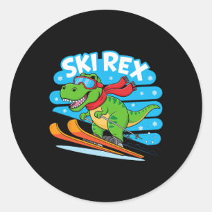 Adesivo Redondo T-Rex Esquiando Dinossauro Engraçado Design Esport