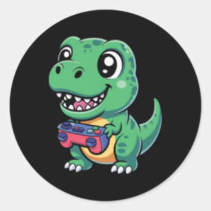 Adesivo Redondo T-Rex Feliz Com Controle De Jogo Dinossauro Gamer 