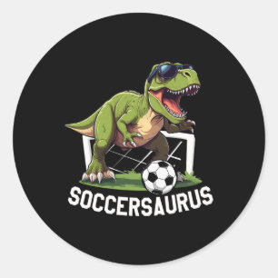 Adesivo Redondo T-rex Jogando Futebol de Futebol Dinosaur Soccer P