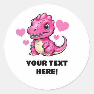 Adesivo Redondo T-rex personalizado, branco e cor-de-rosa,
