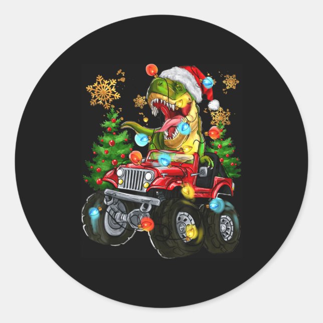 Adesivo Redondo T-rex Santa In Monster Truck With Christmas Trees  (Frente)