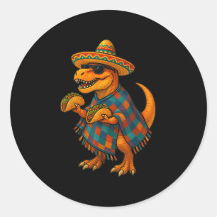 Adesivo Redondo T-rex Taco Fiesta_ Cinco De Mayo Dino Em Sombrero