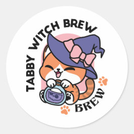 Adesivo Redondo Tabby Witch Brew – Cute Halloween Cat Design