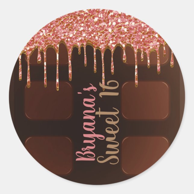 Adesivo Redondo Tablete de Chocolate Pink Glitter Drip Doce 16 (Frente)