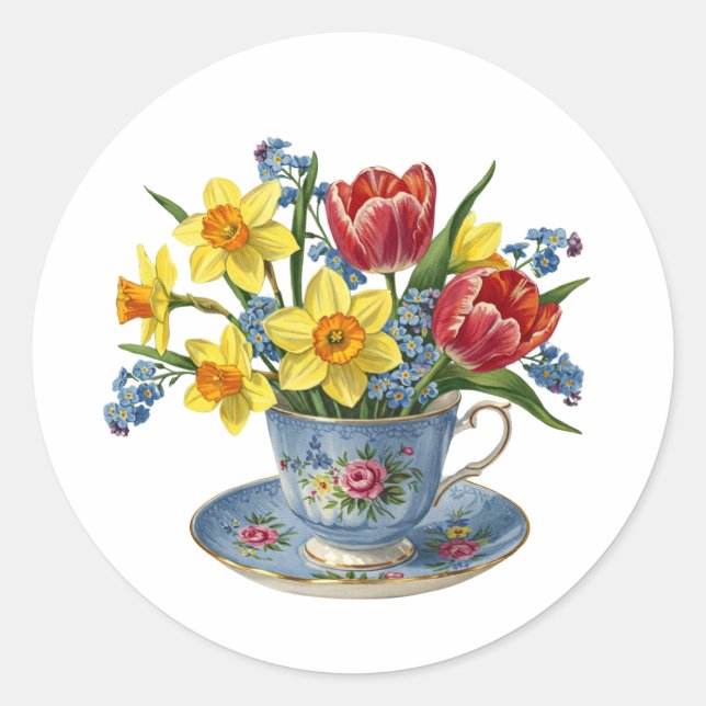 Adesivo Redondo Taça de chá com flores de primavera (Frente)