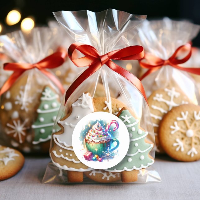 Adesivo Redondo Taça de Natal bonito de Aquarela com Cacau Quente (Criador carregado)