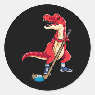 Adesivo Redondo Taco de Hockey com Dinossauro Puck Goal Goalie TRe