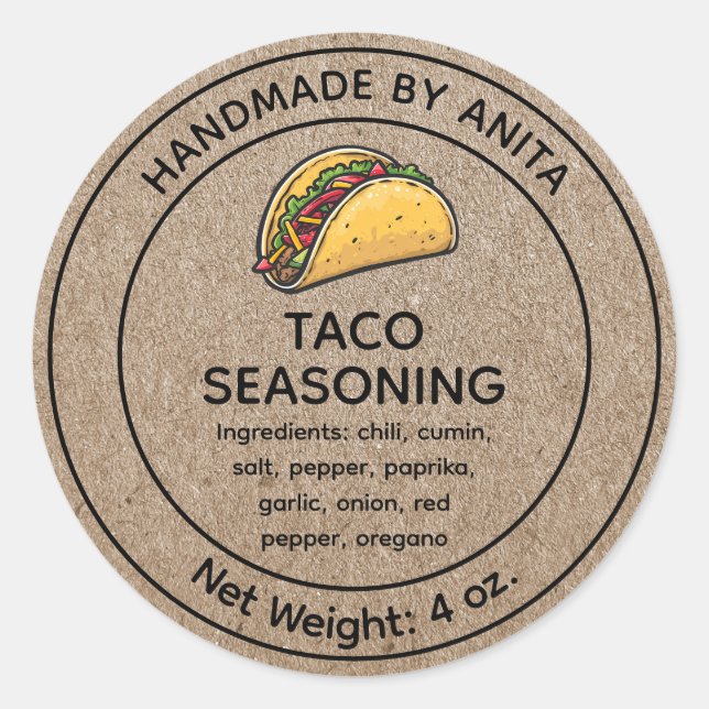 Adesivo Redondo Taco Seasoning Mistura Jar Label Kraft Estilo de P (Frente)