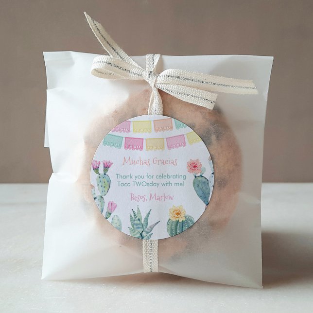 Adesivo Redondo Taco Sobre Uma Festa De Chá de fraldas Fiesta Obri (Colorful Mexican theme Taco TWOsday or THREE-esta birthday party favor thank you sticker)