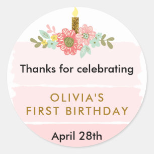 Adesivo Redondo Tag cor-de-rosa do favor do círculo do aniversár